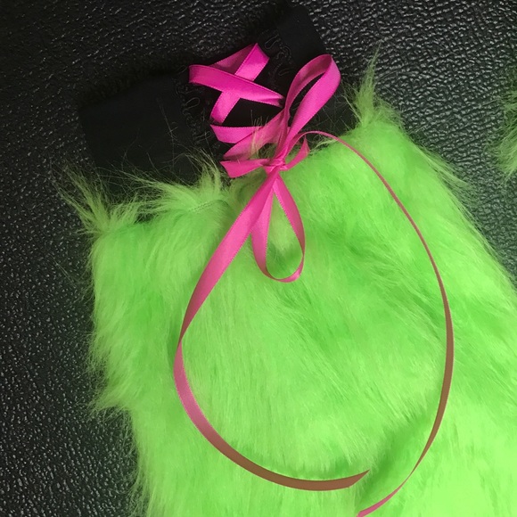 Neon Green Fur Leg Warmers Flared Boot Covers Corset Legwarmers Monster Costume - Picture 6 of 8